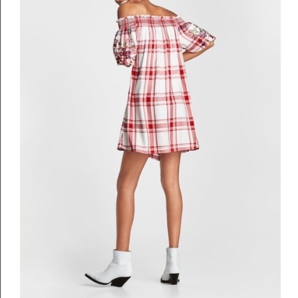 Zara Red Check Dress With Floral Embroidery Off Shoulder Dress Size S - Picture 5 of 17